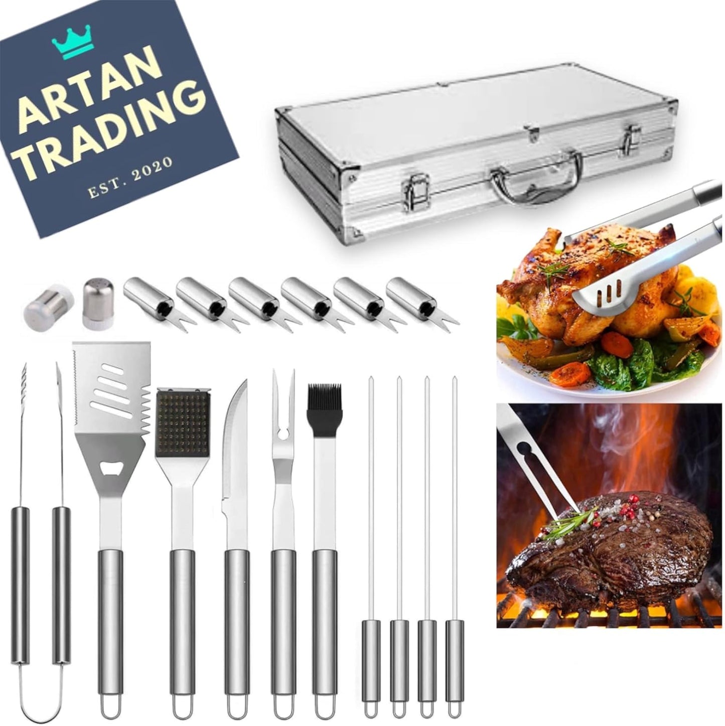 Artan Premium 18-Piece BBQ Grill Set with Stainless Steel Carry Case