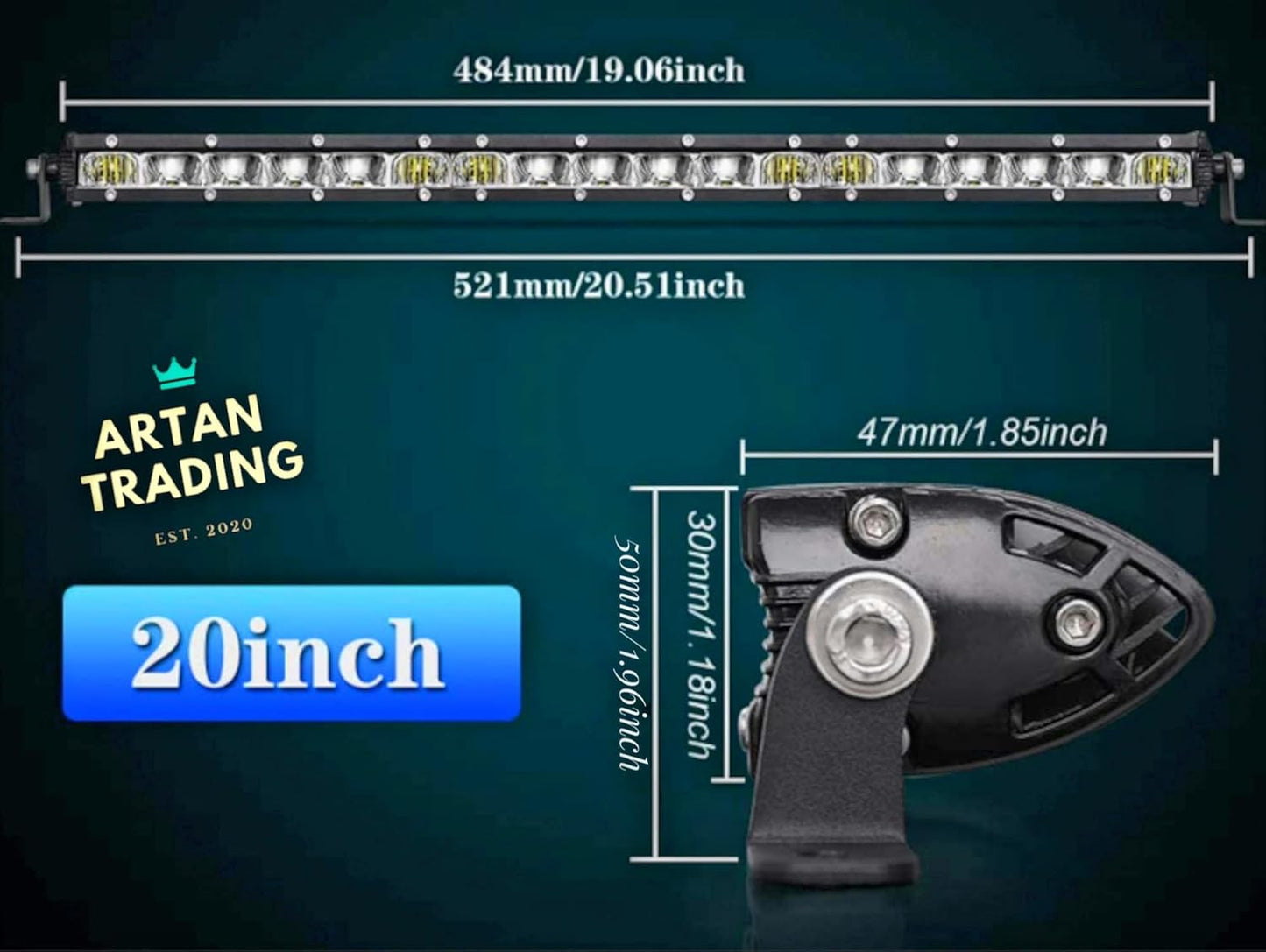 Artan 20-Inch Single Row LED Light Bar | 120W 6D Reflector | IP68