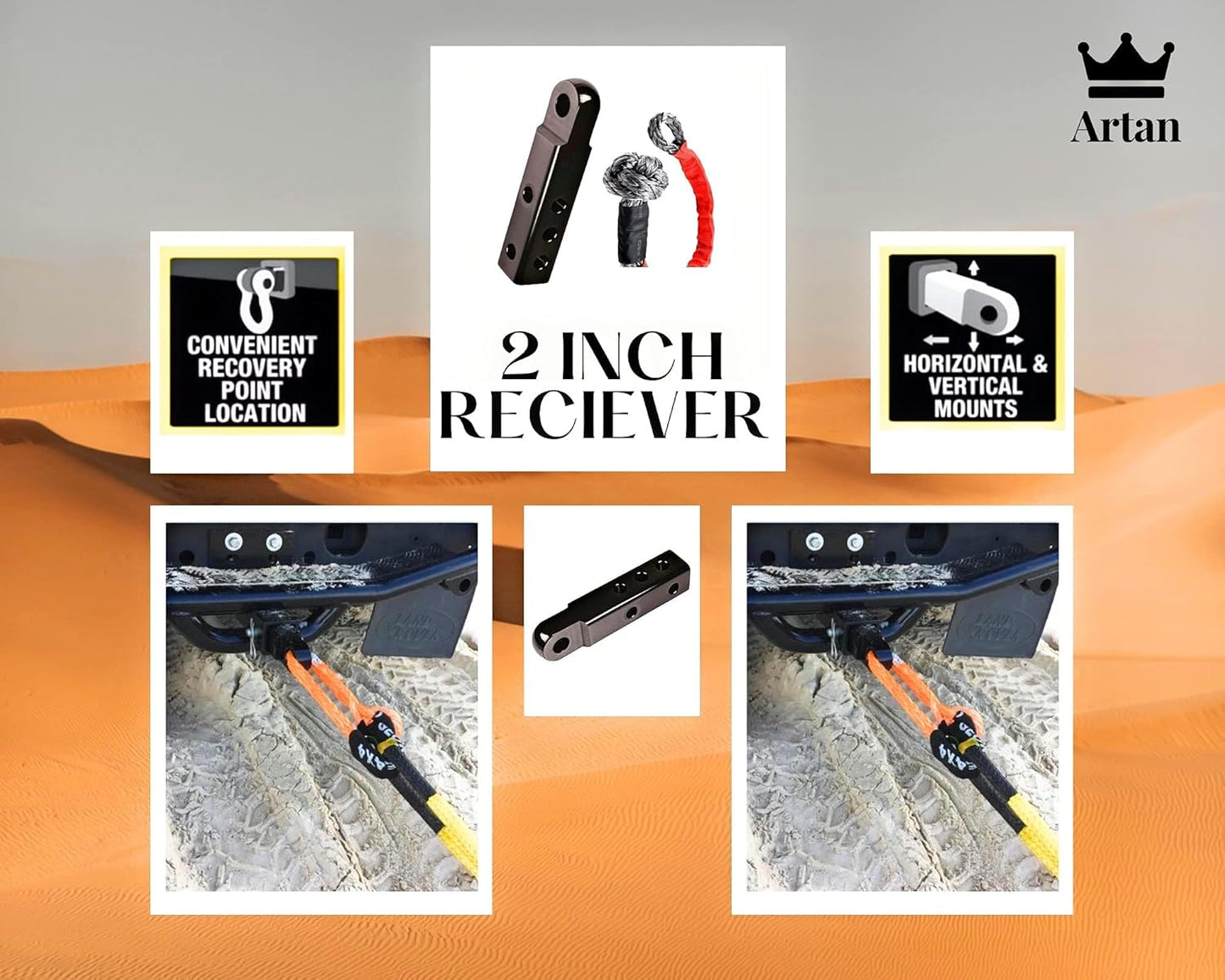 Artan Aluminium Recovery Receiver Hitch | 2-Inch | CNC Machined | Offroad Tow Mount